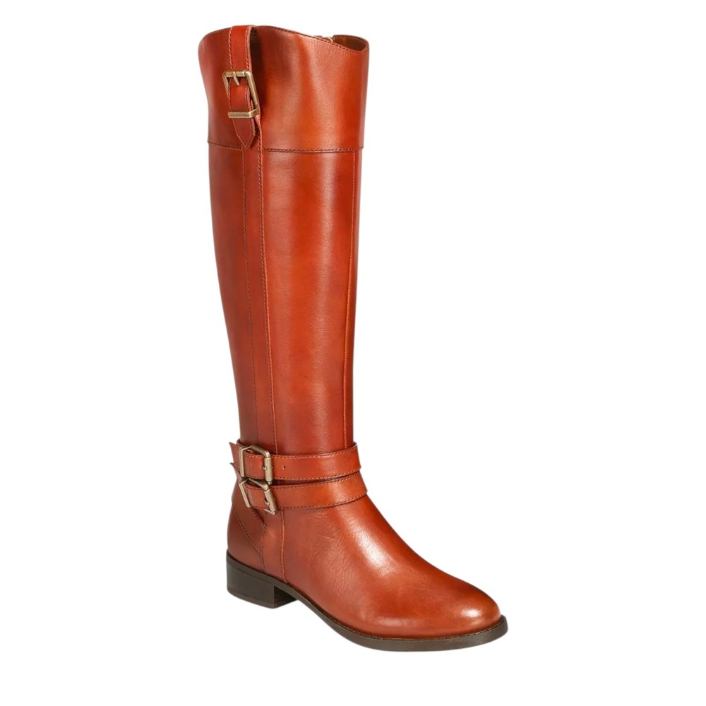 INC Riding Boots Cognac genuine Leather Buckle‎ Zip Women 5M equestrian style